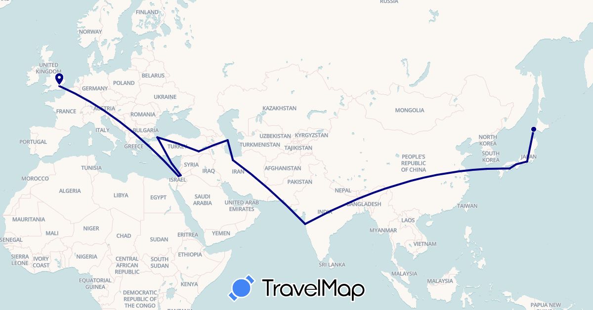 TravelMap itinerary: driving in Azerbaijan, Cyprus, United Kingdom, Israel, India, Iran, Jordan, Japan, Turkey (Asia, Europe)